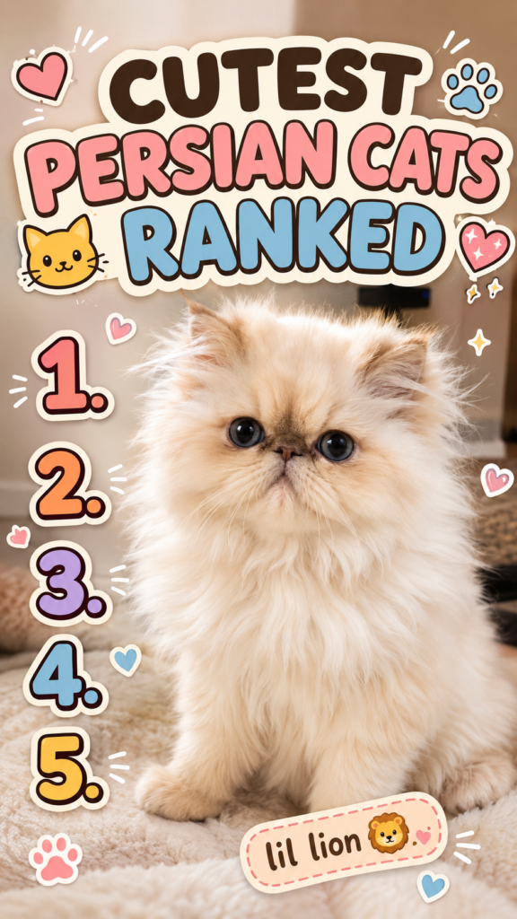 Cute fluffy Persian kitten sitting on a soft blanket with text reading “Cutest Persian Cats Ranked” for a CloudyAww Daily Awws video.