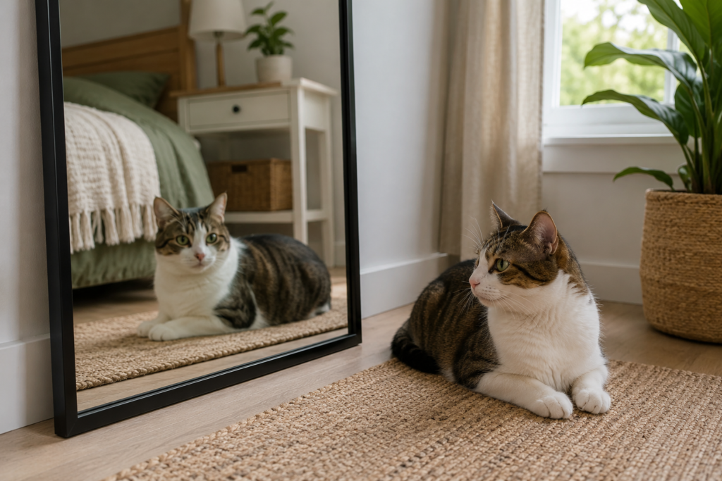 Calm tabby and white cat relaxing beside a mirror in a bright bedroom for a CloudyAww article about why some cats ignore mirrors.