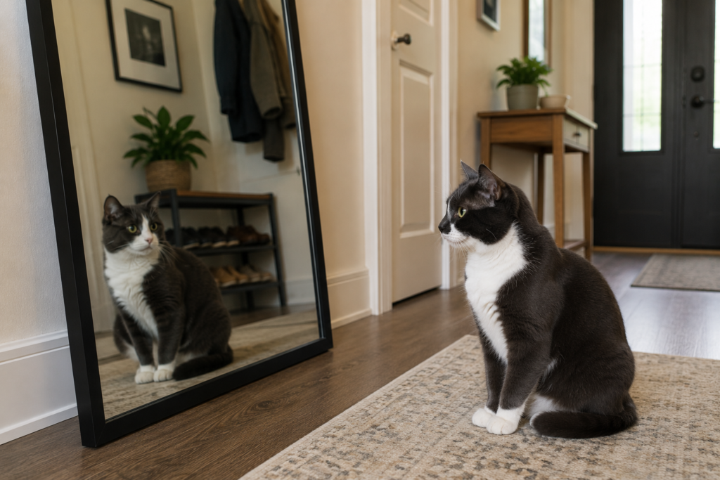 Calm tuxedo cat sitting beside a full-length hallway mirror for a CloudyAww article about when cats react calmly to reflections.