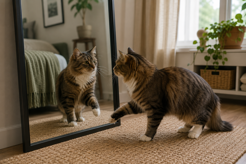 Curious long-haired tabby cat touching a mirror with one paw for a CloudyAww article about cats reacting to reflections.
