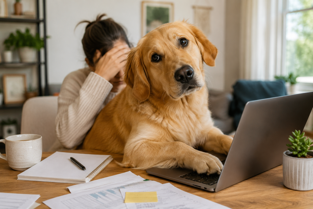 Golden retriever interrupting a person working on a laptop in a cozy home office.