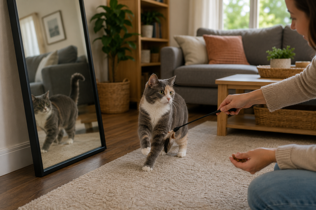 Person gently redirecting a grey and cream cat away from a mirror with a toy in a cozy living room.