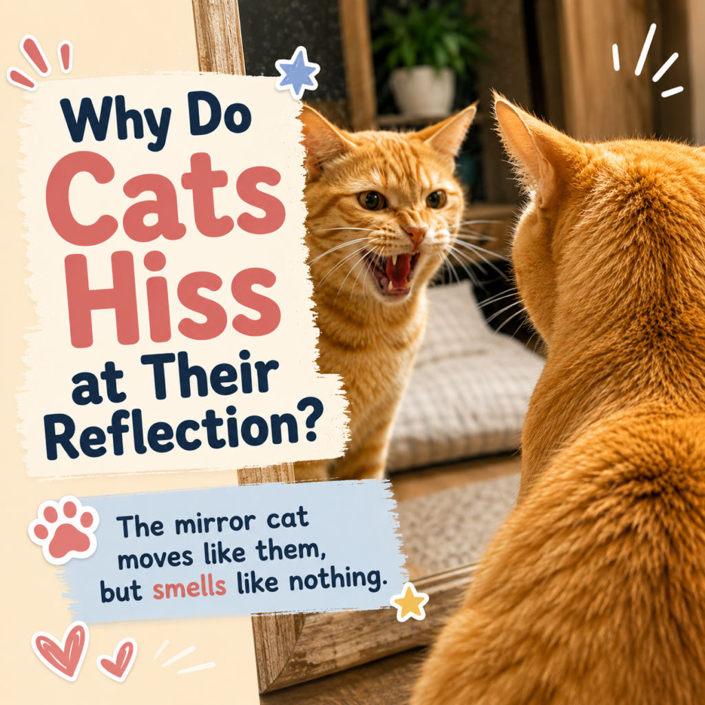 Ginger cat hissing at its own reflection in a mirror with text for a CloudyAww article about why cats hiss at their reflection.