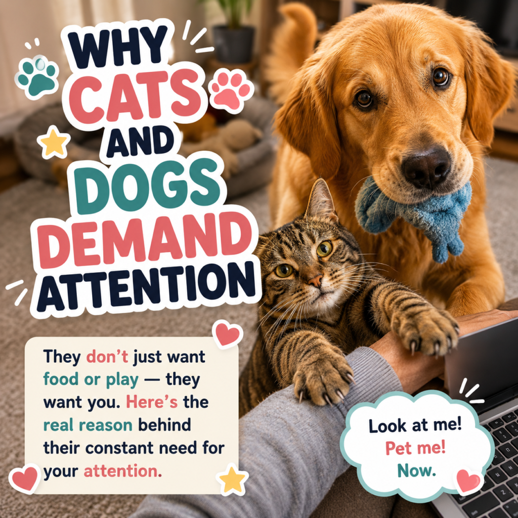 Cute dog and cat demanding attention near a laptop for a CloudyAww article about why pets seek attention from humans.