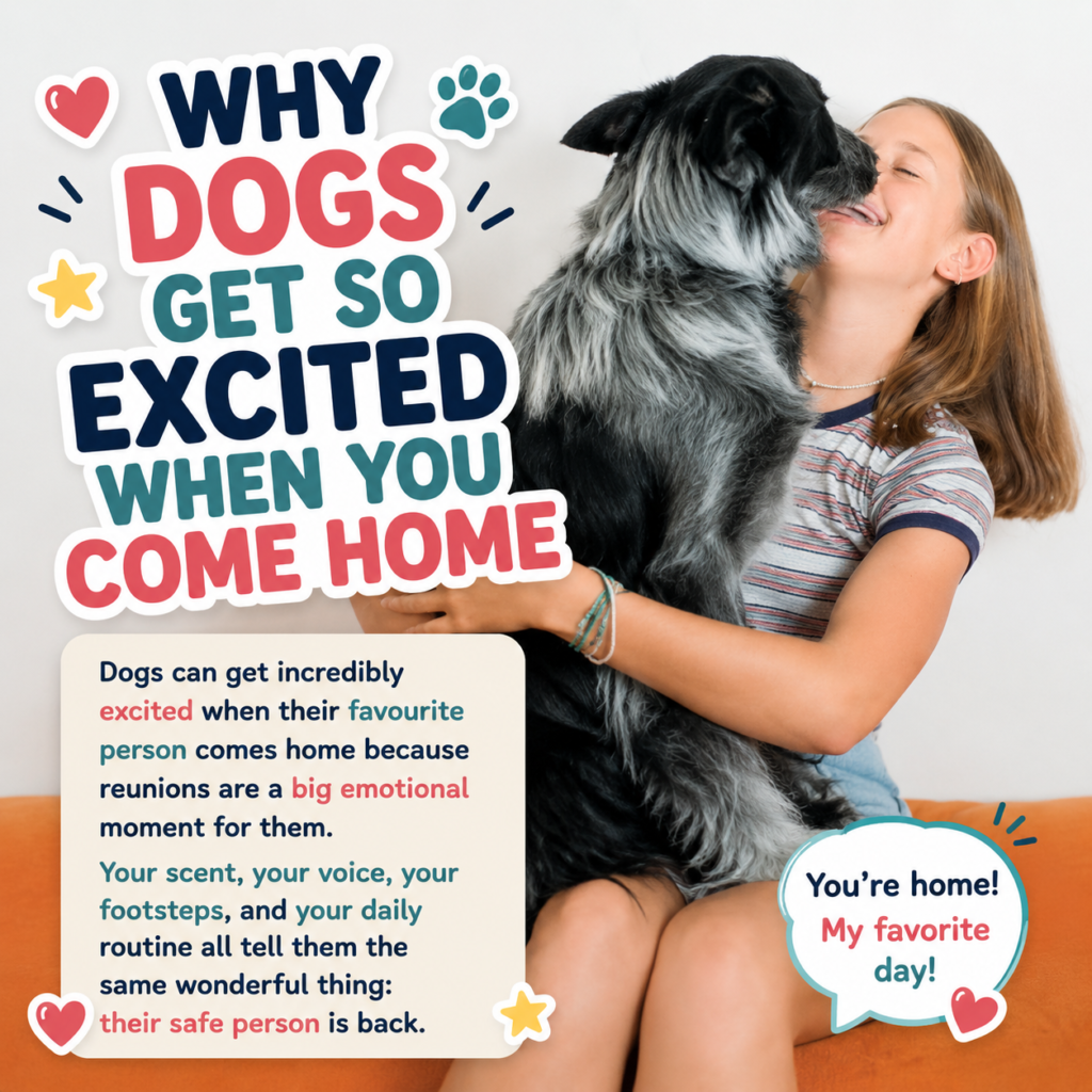 Dog licking a smiling girl on a sofa for a CloudyAww article about why dogs get excited when their favourite person comes home.