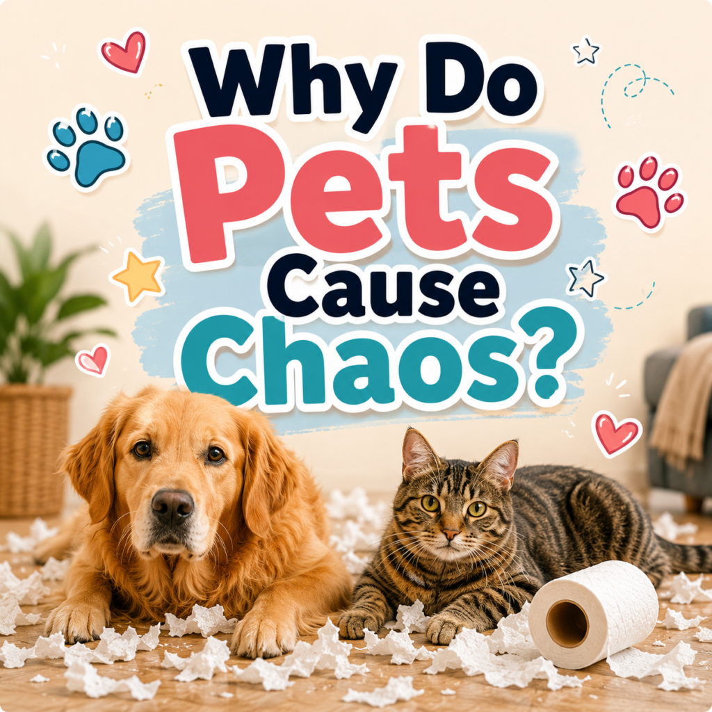 Golden retriever and tabby cat lying among shredded paper with the text “Why Do Pets Cause Chaos?” for a CloudyAww article thumbnail.