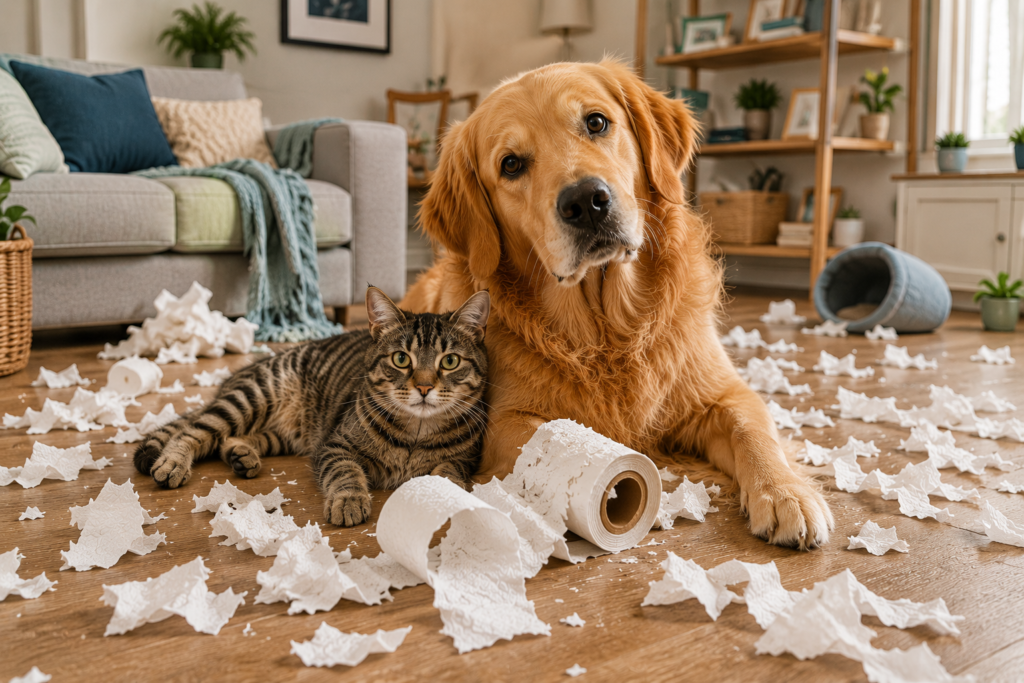 Golden retriever and tabby cat lying in a cozy living room surrounded by shredded toilet paper after making a playful mess.