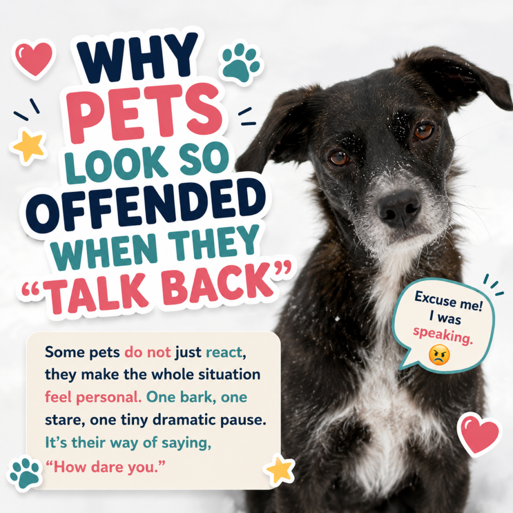 Black and white dog looking offended in the snow for a CloudyAww article about why pets seem dramatic when they talk back.