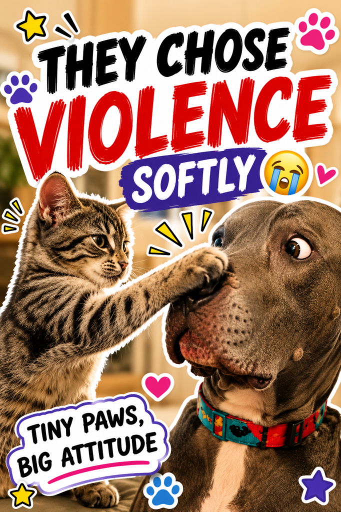 A cat gently taps a surprised dog’s face in a playful CloudyAww-style thumbnail with bold text saying “They Chose Violence Softly.”