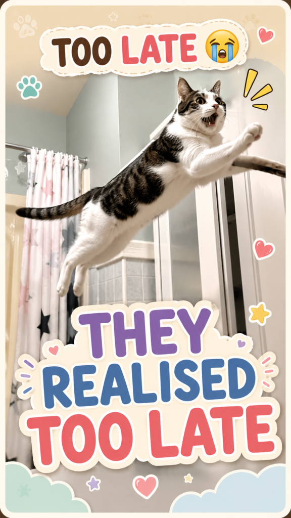 A black-and-white cat mid-jump in a bathroom with playful CloudyAww text saying “Too Late” and “They Realised Too Late.”