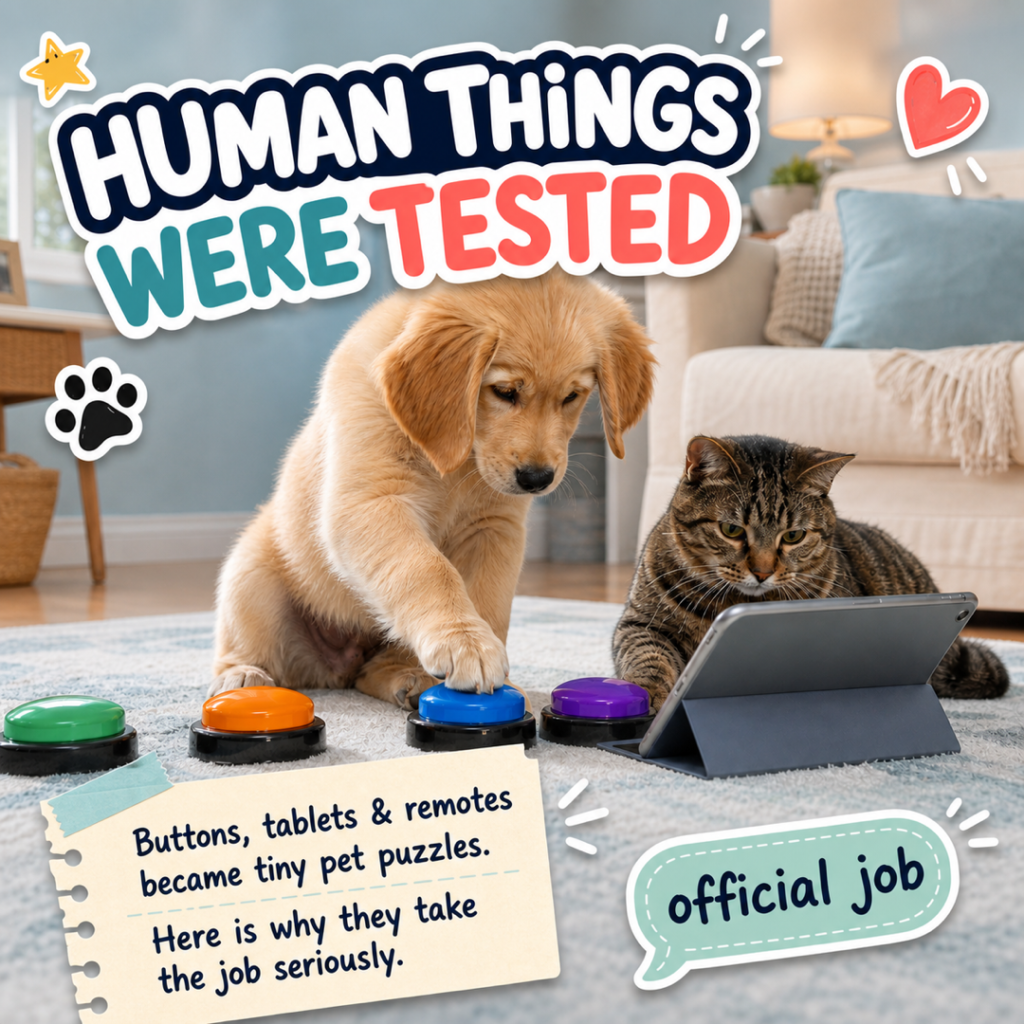 Square CloudyAww article thumbnail showing a golden retriever puppy pressing a blue button while a tabby cat studies a tablet beside colourful pet buttons, with handmade sticker text reading Human Things Were Tested.