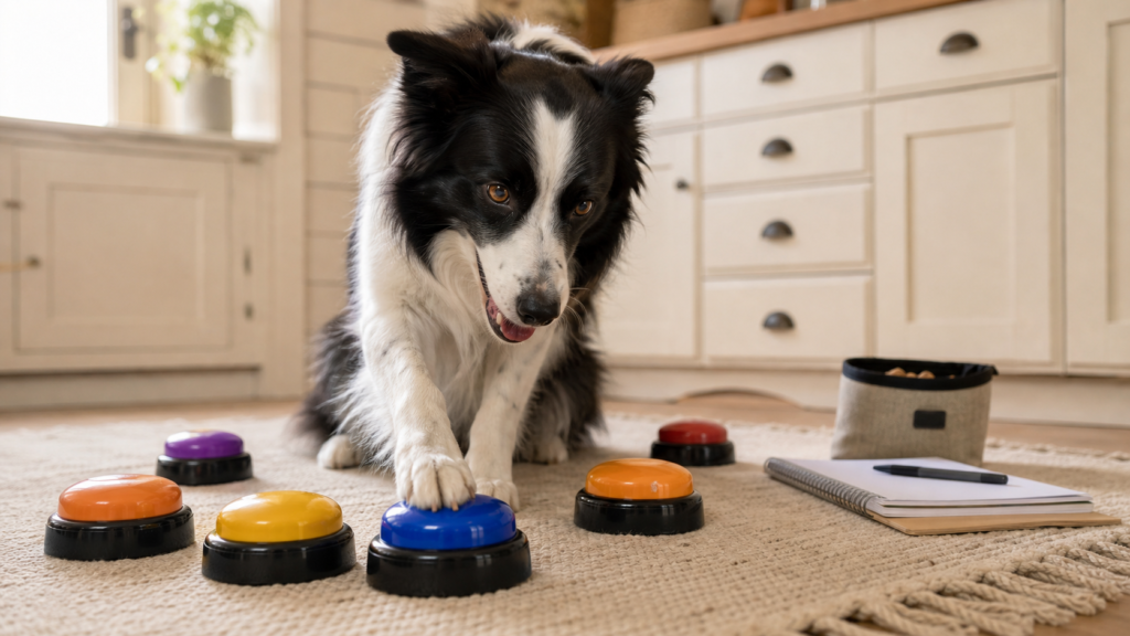 A border collie presses a blue button among colorful pet buttons on a soft kitchen rug.