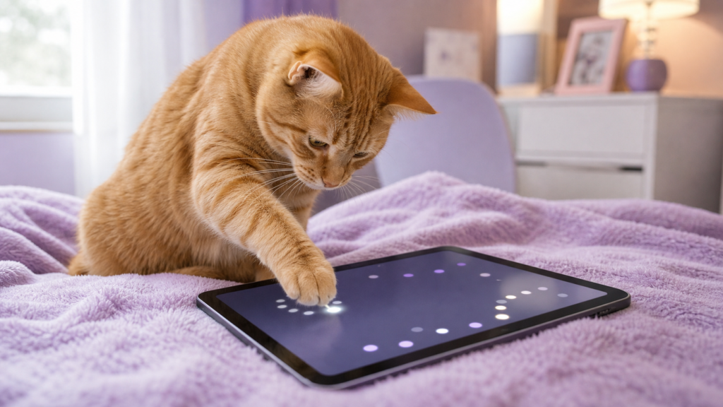 An orange tabby cat taps a tablet with a simple abstract dot pattern on a lavender blanket.