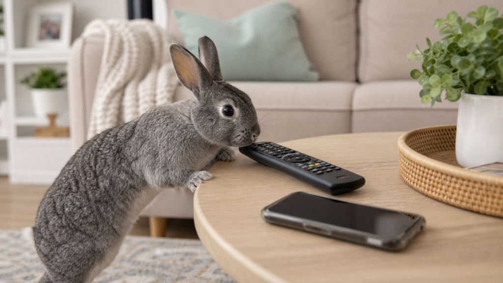 A small grey rabbit sniffs a TV remote on a coffee table in a cozy living room.