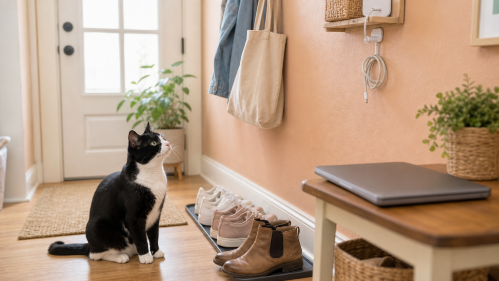 A tuxedo cat sits in a hallway near shoes and a closed laptop with chargers kept safely away.