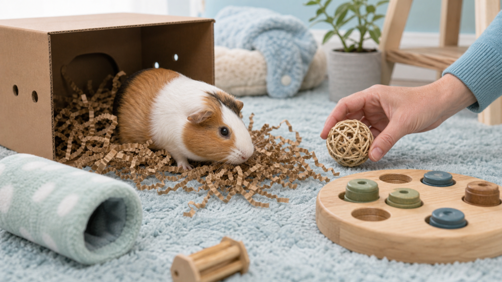 A guinea pig explores crinkle paper and a safe enrichment box on a pale blue rug.