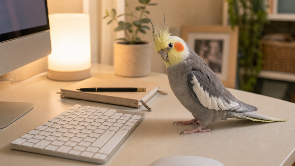 A cockatiel perches beside a keyboard and notebook as if supervising a cozy home office.