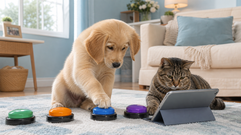 A golden retriever puppy presses a colorful button while a tabby cat watches a tablet in a cozy living room.
