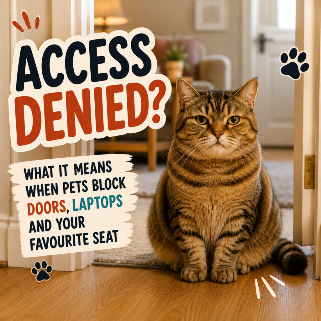 A tabby cat sitting in a doorway with playful text saying access denied.