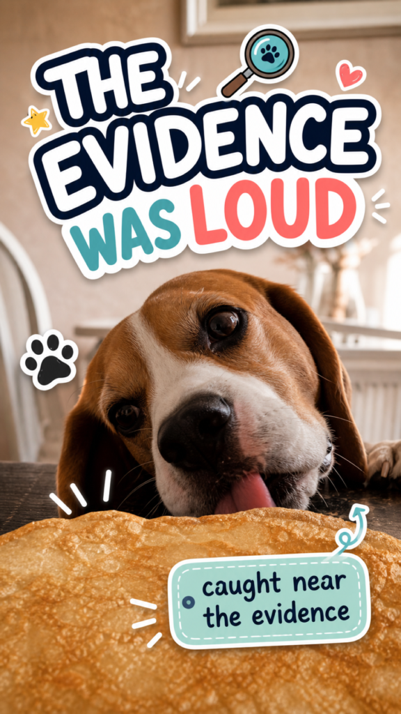 A guilty-looking brown and white dog caught near a large piece of food, with playful CloudyAww sticker text saying The Evidence Was Loud.