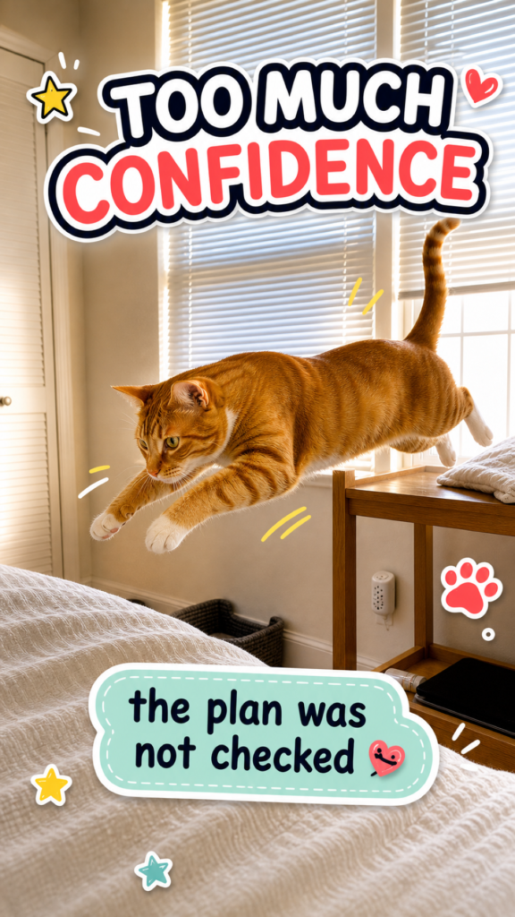 Orange cat confidently jumping across a bedroom with playful CloudyAww sticker text reading Too Much Confidence.