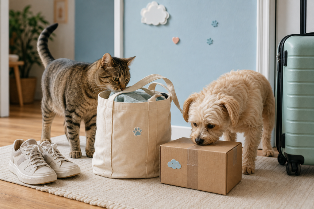 A realistic cat and small dog inspect a tote bag and delivery box in a cozy pastel home entryway.