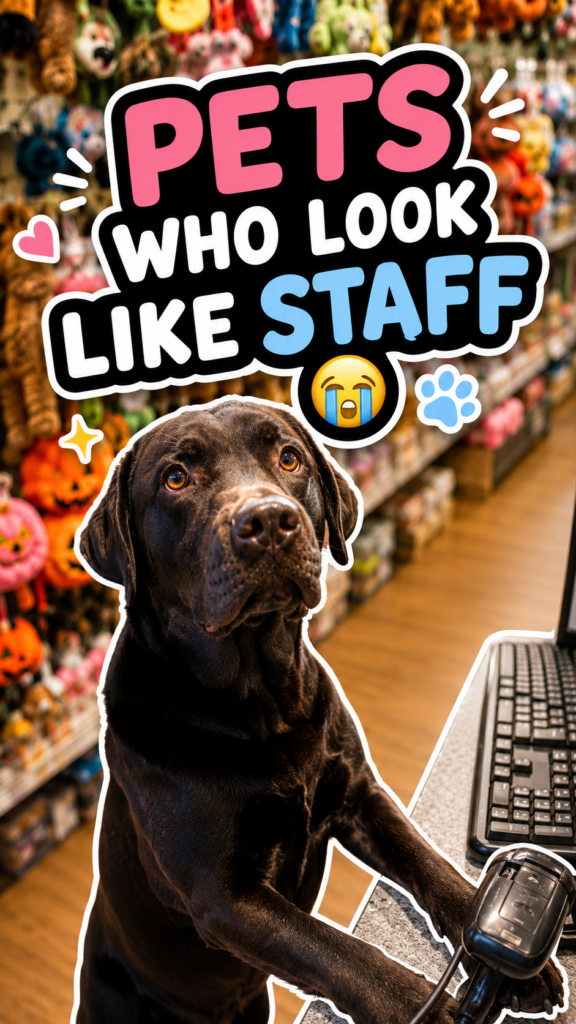 A black Labrador standing at a pet shop counter like staff, with playful text saying pets who look like staff.