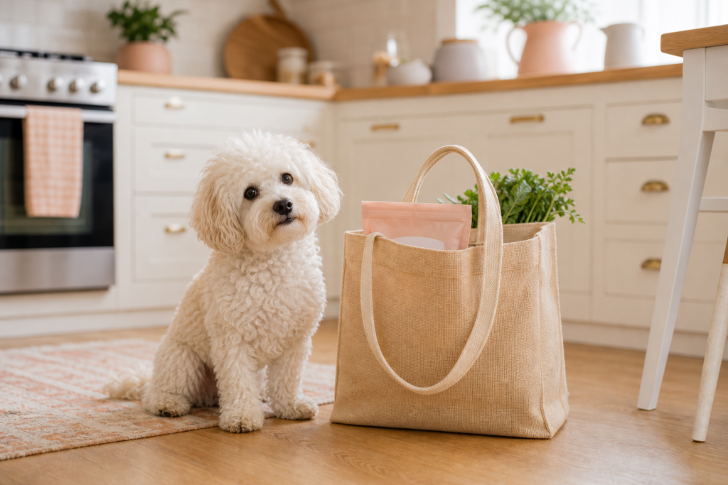 A small dog sniffs a reusable grocery bag beside kitchen counters, noticing familiar food smells and household routine clues.