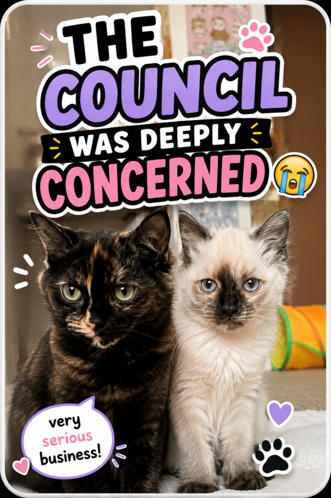 Two serious-looking kittens sitting together in a CloudyAww Daily Awws thumbnail with bold text saying “The Council Was Deeply Concerned.”