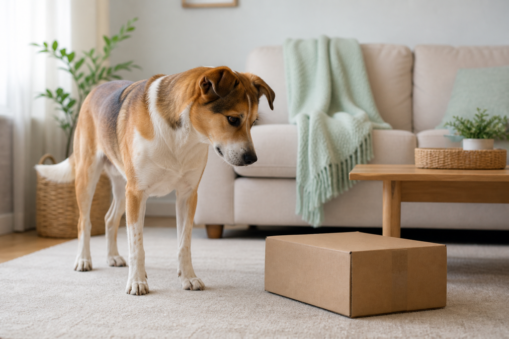 A calm brown-and-white dog studies a closed cardboard box from a comfortable distance in a soft living room.
