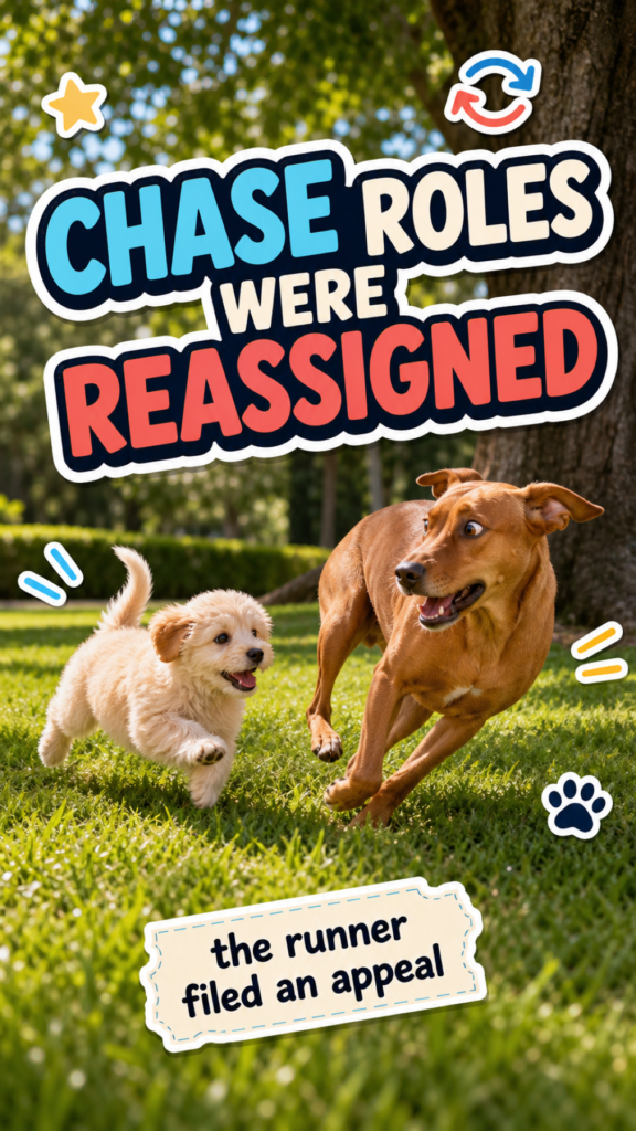 A playful cream puppy chases a surprised rust-coloured dog across a sunny lawn in a CloudyAww thumbnail titled Chase Roles Were Reassigned.