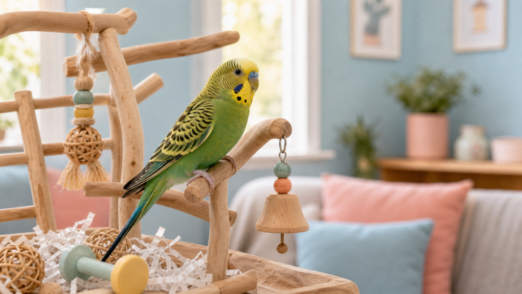 A green budgie explores a safe play gym with foraging toys and a bell in a cozy room.