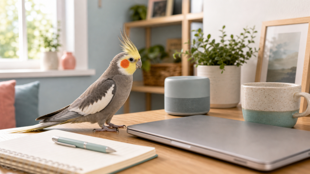 A cockatiel stands near a closed laptop, mug, notebook and small speaker in a bright home office.