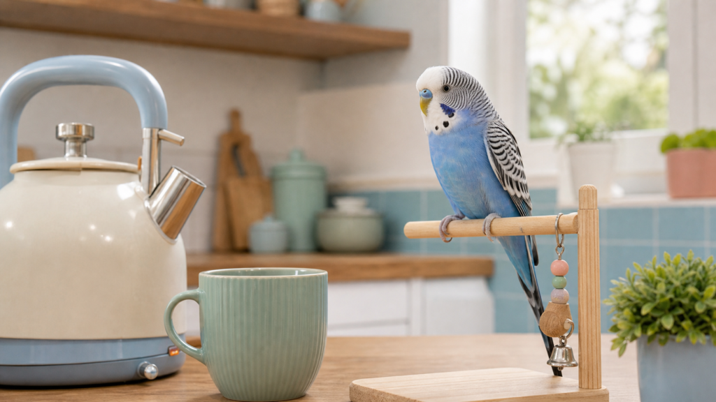 A blue budgie sits near a kettle and mug in a bright cozy kitchen.