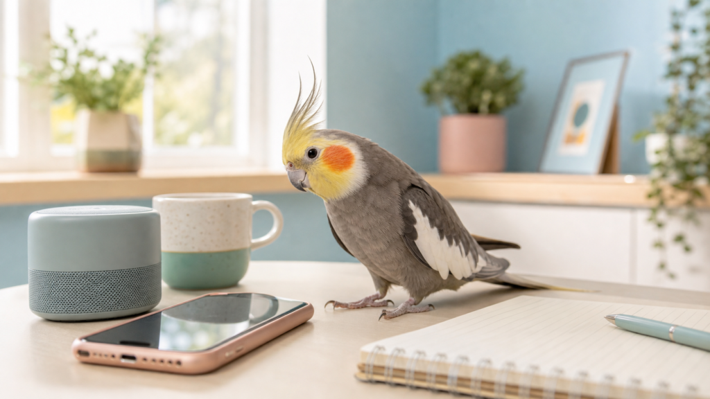 A cockatiel stands near a phone, speaker, mug and notebook in a cozy pastel home office.