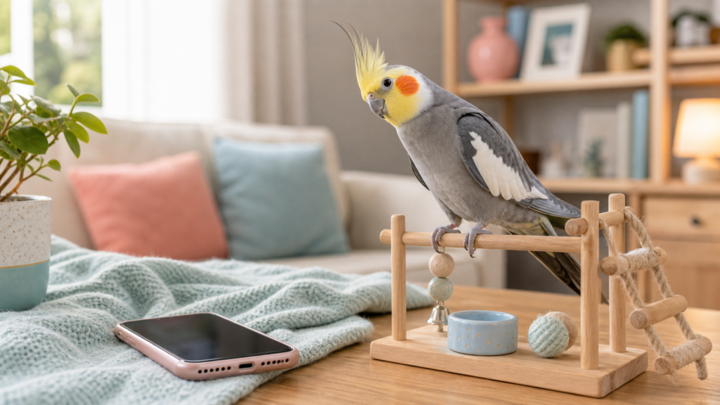 A cockatiel tilts its head near a phone on a soft blanket in a cozy living room.