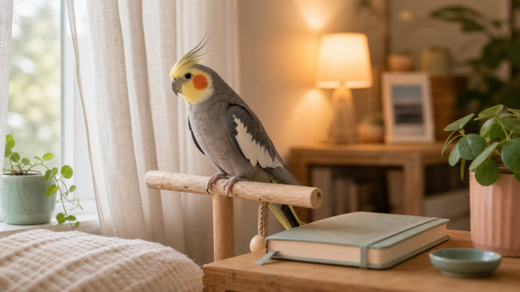 A cockatiel rests on a safe perch near soft curtains and a warm lamp in a cozy quiet room.