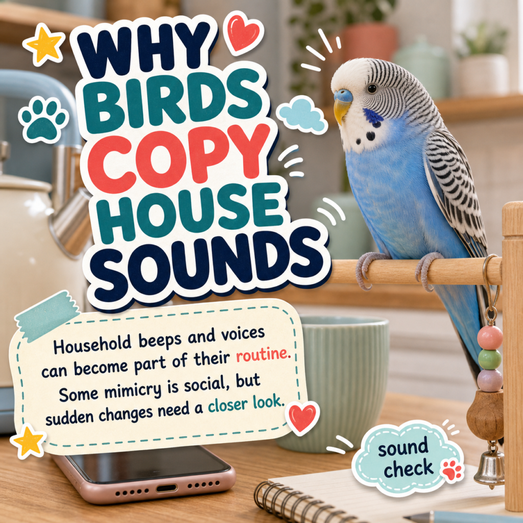CloudyAww article card showing a budgie near household objects with the title Why Birds Copy House Sounds.