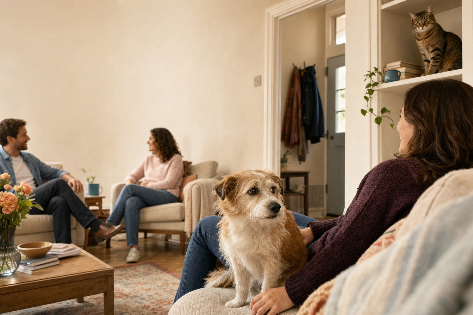 A tan-and-white dog stays close to its owner while two visitors settle and a tabby cat watches from a high shelf.
