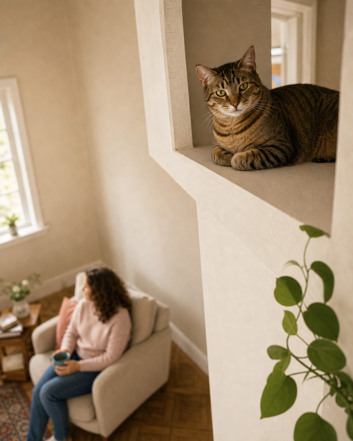 A brown tabby cat rests in a high wall nook while a visitor sits quietly below.