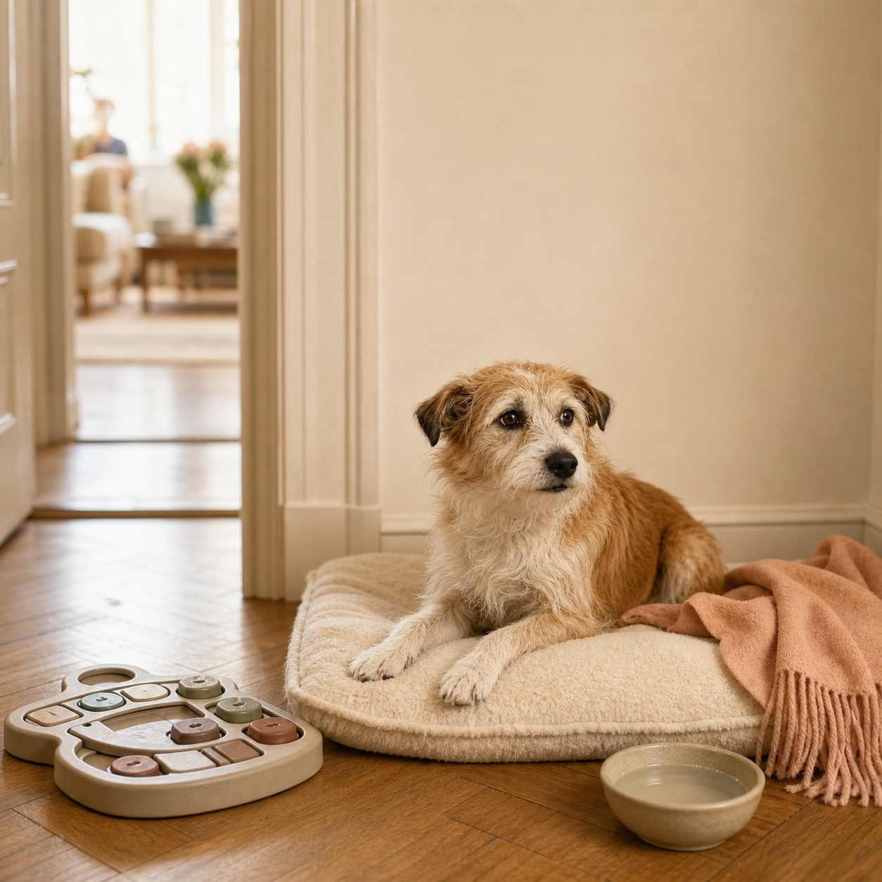 A tan-and-white dog rests on a familiar mat beside water, a blanket and a food puzzle.