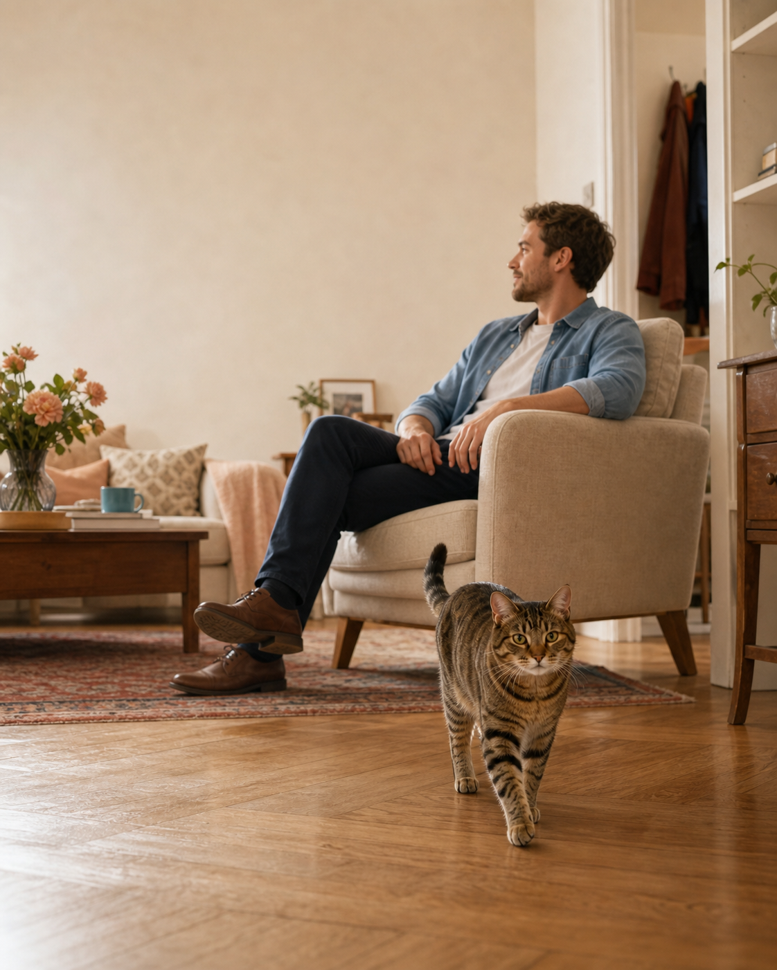 A tabby cat approaches at its own pace while a seated visitor keeps their hands quiet and looks away.