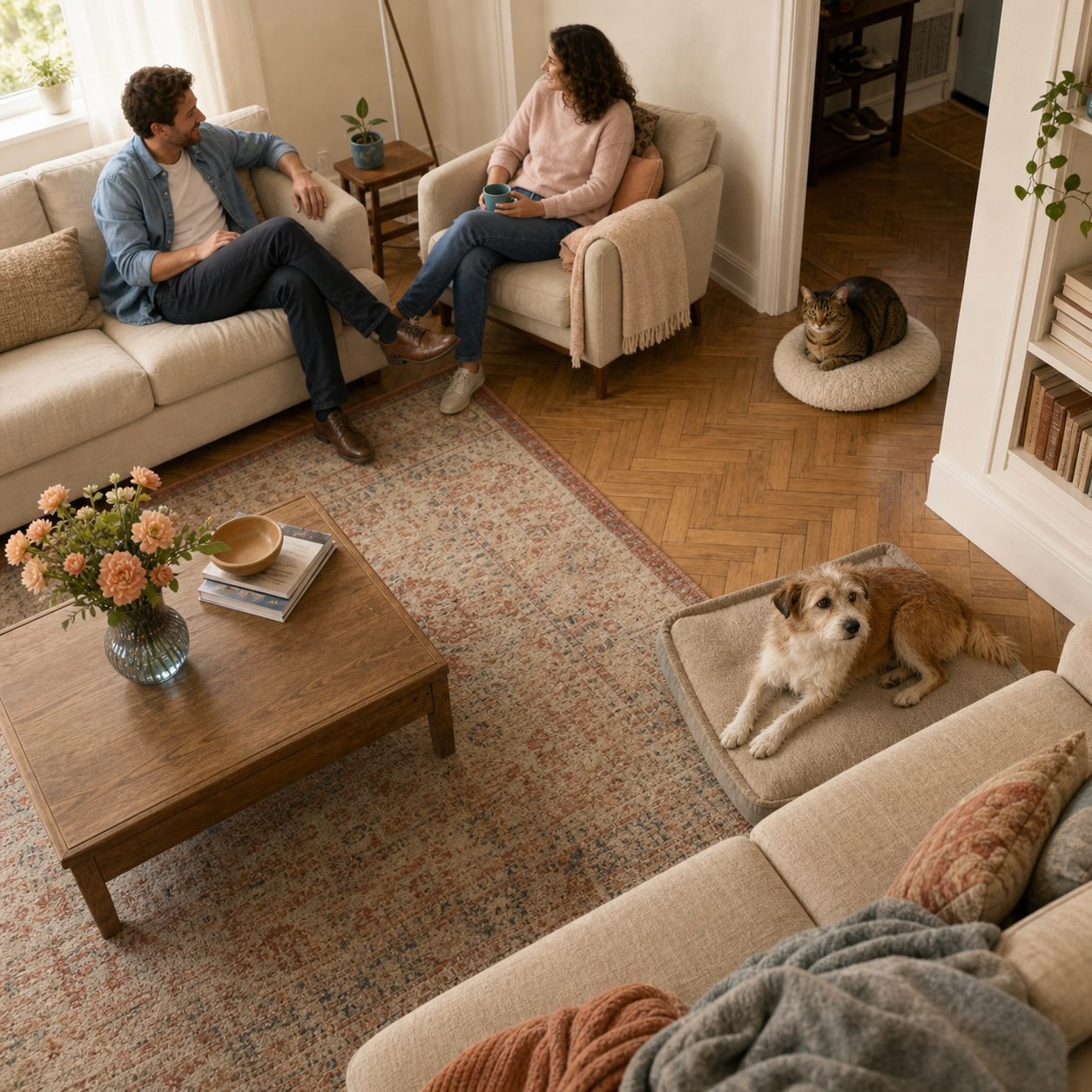 Two visitors talk quietly while a dog and cat rest separately without being approached.