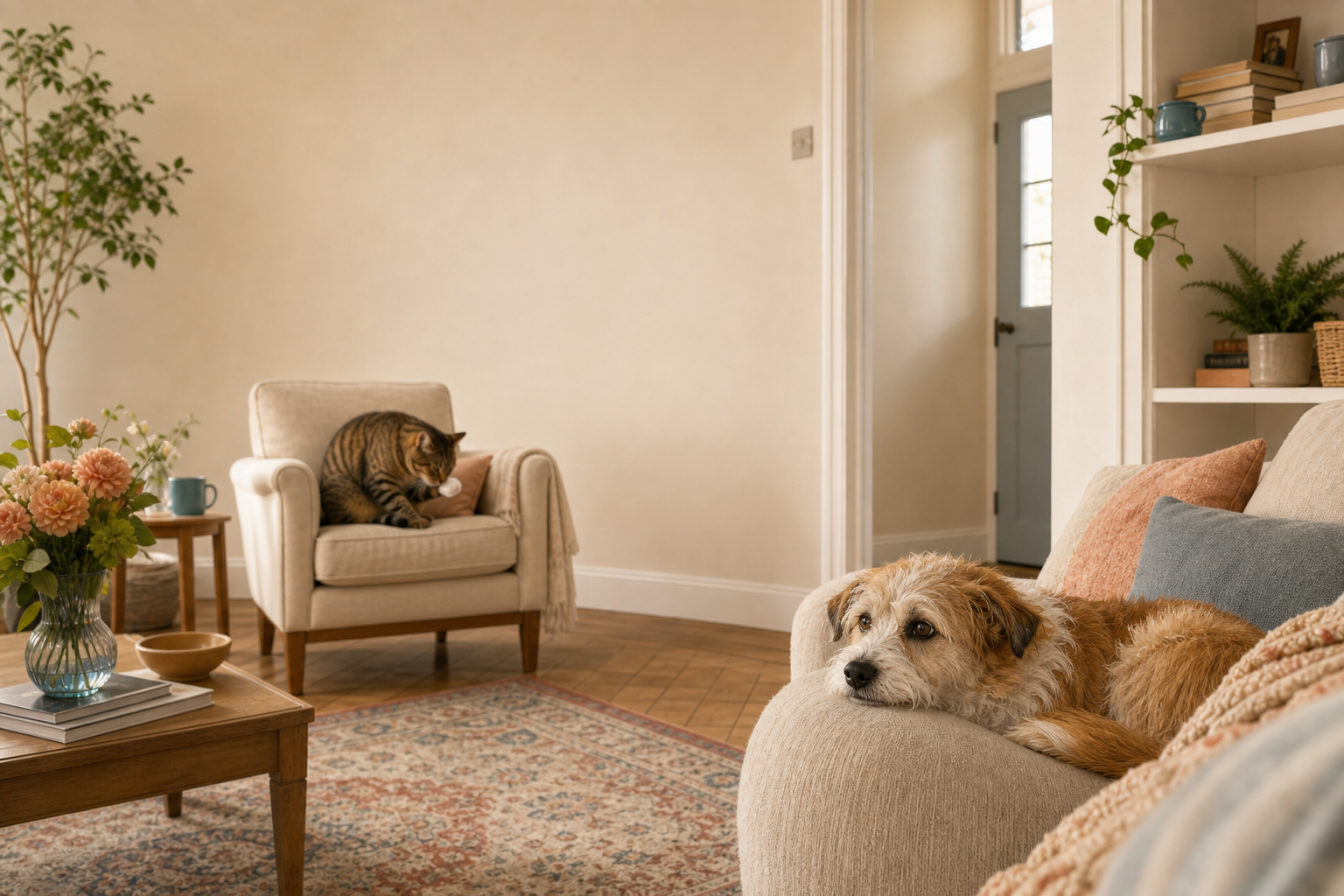 A dog relaxes on the sofa while a tabby cat grooms on a chair after visitors have left.