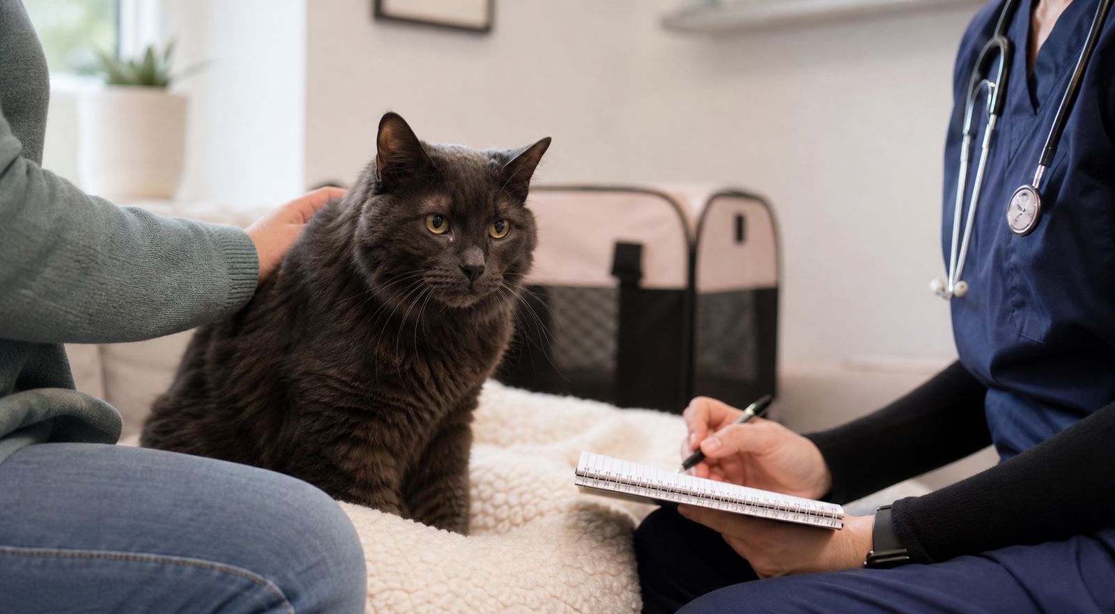 An older cat sits calmly near an owner and a veterinary professional taking notes.