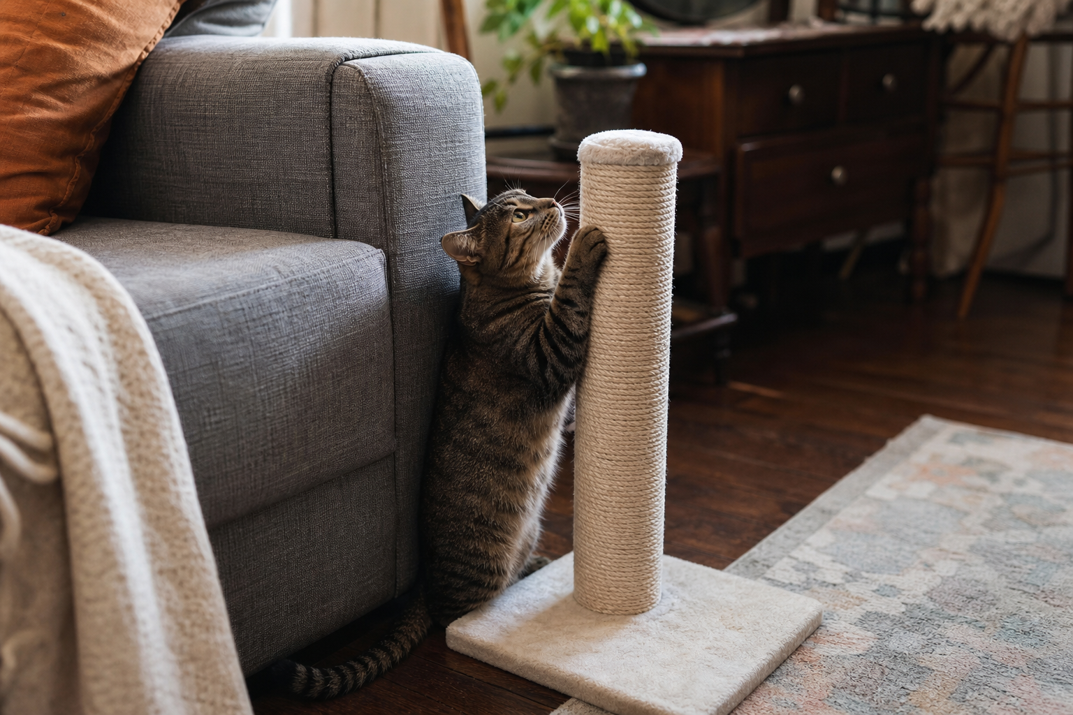 A tabby cat scratches a sturdy post placed beside a grey sofa in a warm living room.