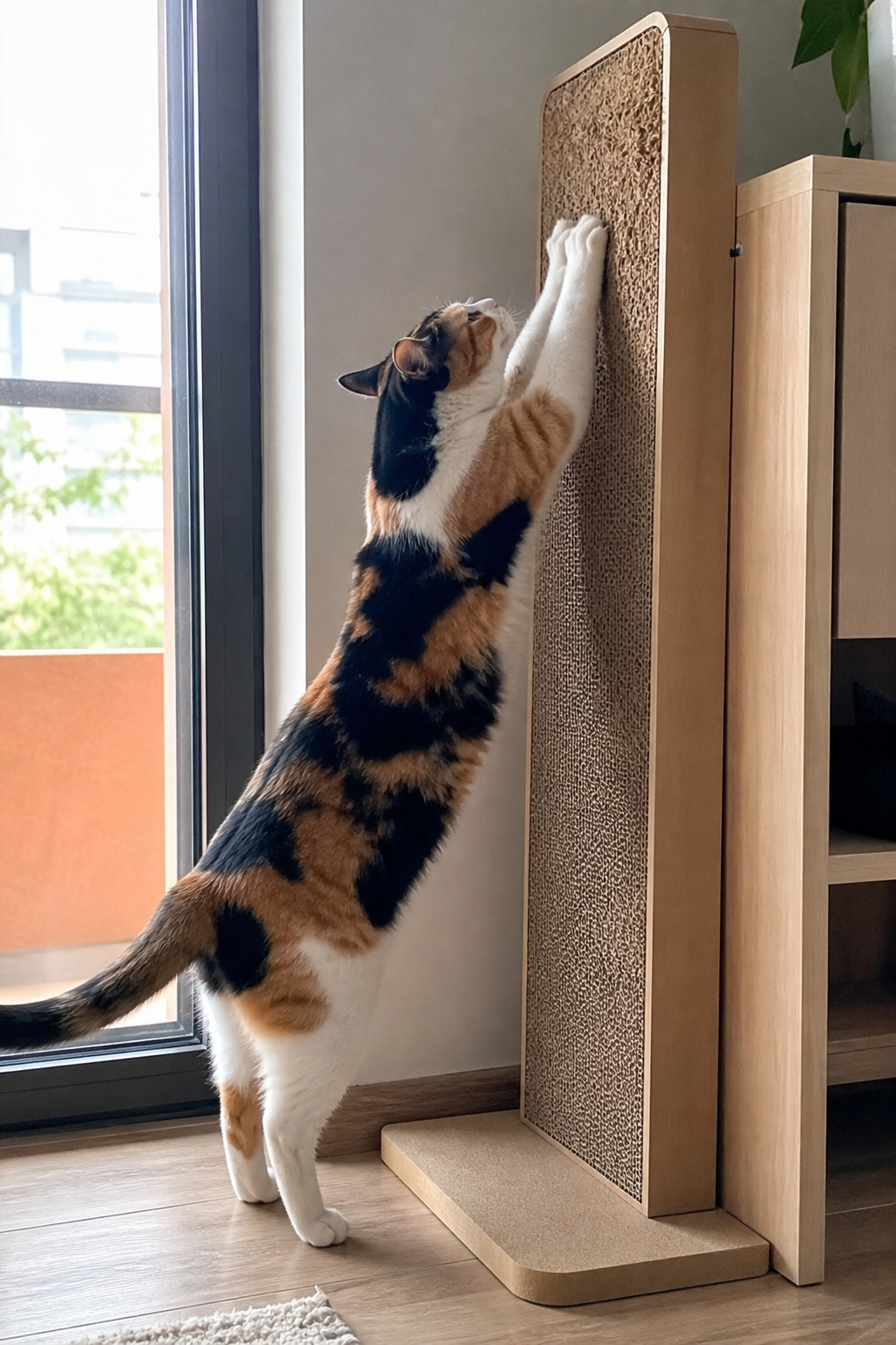 A calico cat stretches up to scratch a tall cardboard scratcher near a bright window.