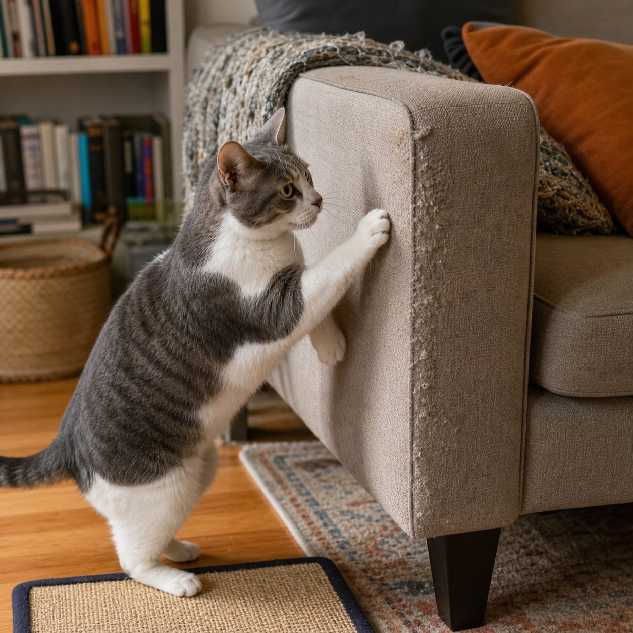 A grey-and-white cat places a paw on the corner of a fabric sofa arm with a scratch mat nearby.