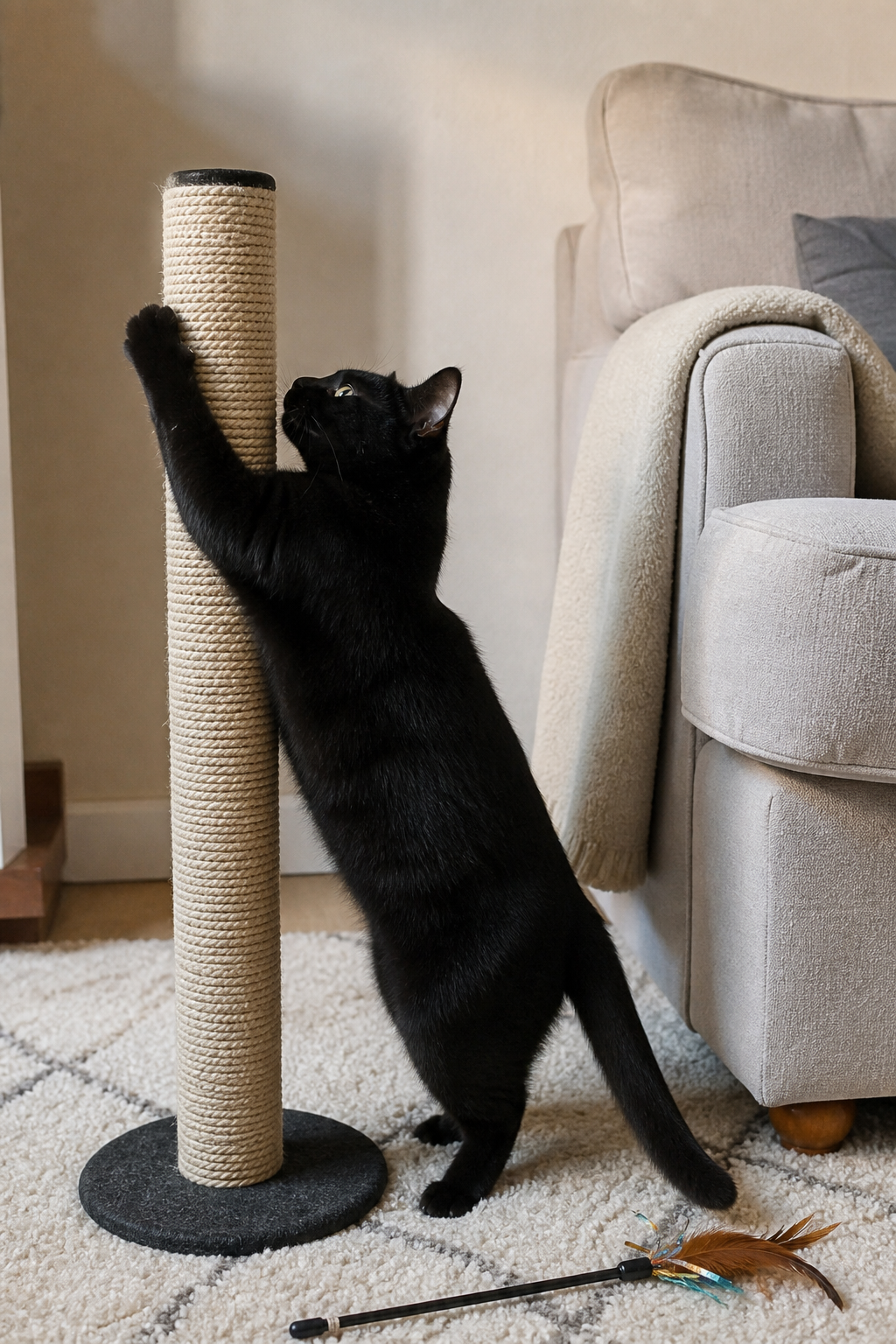 A black cat scratches a tall rope post beside a sofa with a toy wand on the rug.