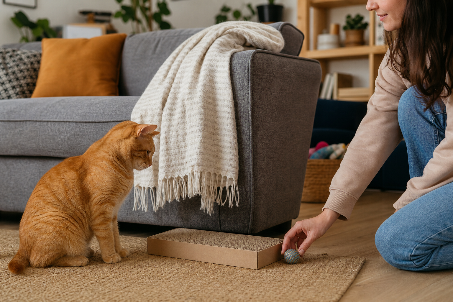 An orange cat sits near a sofa covered with a throw while a person places a toy beside a cardboard scratcher.